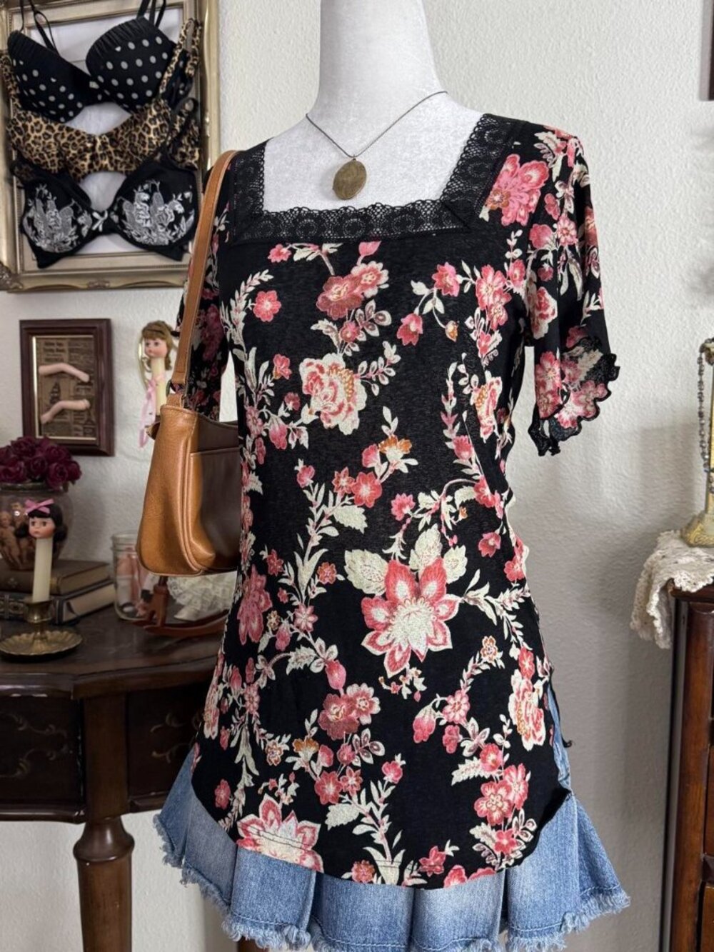 Y2k romantic fairy grunge floral semi sheer mesh top w square neckline - Picture 2 of 5